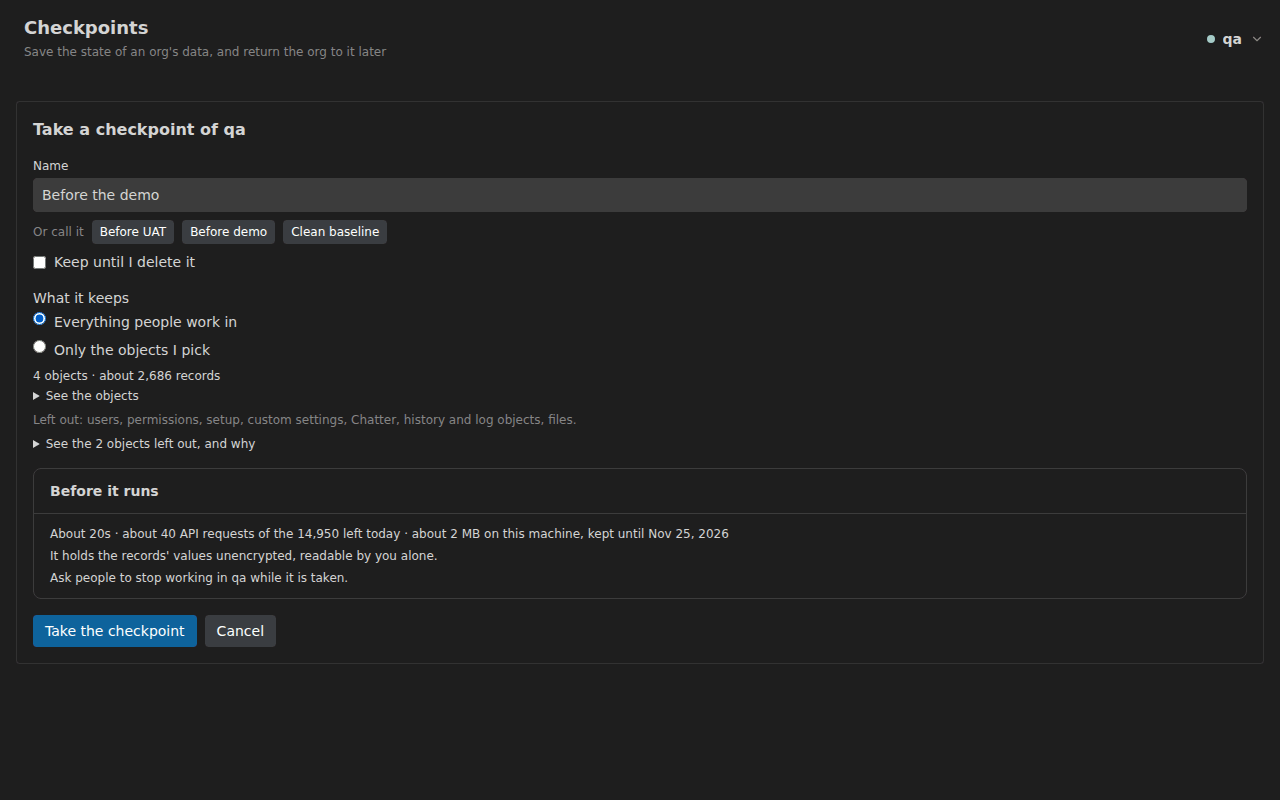 The Checkpoints module, from a checkpoint to a rewind and its undo