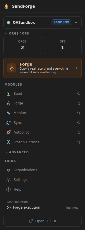 The SandForge launcher in the VS Code sidebar
